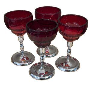 Red Glass Goblets Silver Bases Ruby Red 5" Tall Glassware Drinkware Metal